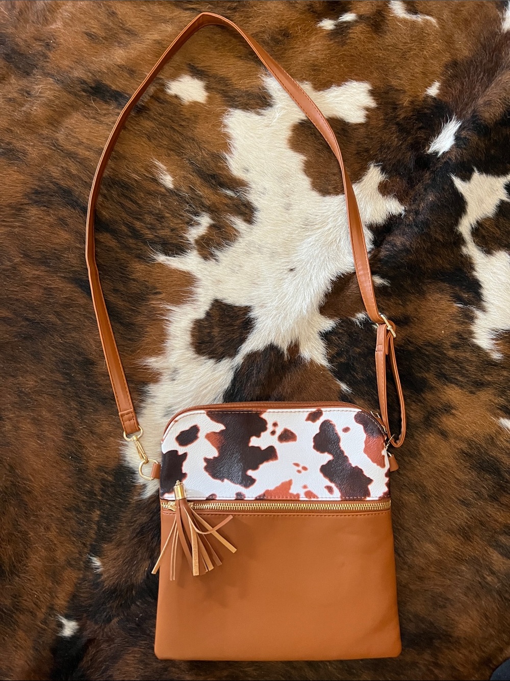 Crossbody Bag with Brown and White Cowhide Print